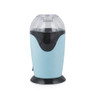 Blue and black electric popcorn maker with transparent lid, upright on white background