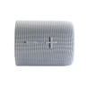 Grey portable Bluetooth speaker, fabric mesh finish, front view showing large volume controls
