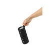 Black portable Bluetooth speaker with large volume buttons, held by carrying strap