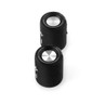 Pair of black wireless bluetooth speakers, cylindrical shape, shown from above