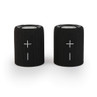 Pair of black portable Bluetooth speakers with large volume controls on front