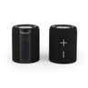 Pair of black portable wireless speakers with textured finish, one showing volume controls.