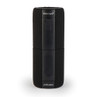 Black portable wireless speaker with fabric finish, shown upright with clip attachment