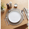 Product image: silver cutlery place setting with white plate, neutral placemat, table decor