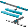 Window cleaning kit with telescopic handle, squeegee, and two blue microfibre pads