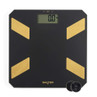 Black digital bathroom scale with gold accents, large display, and coins to show size.