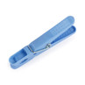 Single blue plastic clothes peg, angled on white background