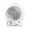 White portable fan heater with two control dials, front view.