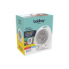 Boxed white portable fan heater with two heat settings and adjustable thermostat