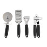 Set of four stainless steel kitchen tools with black handles: peeler, grater, pizza cutter, can opener.