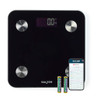 Black digital bathroom scale with visible display, batteries, and smartphone app screen.