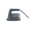 Handheld garment steamer in dark grey with transparent water tank, side view