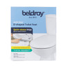 White D-shaped anti-bac toilet seat with quick-release hinge in retail packaging