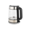 Stainless steel and glass electric kettle with black handle, side view