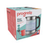 Progress glass kettle retail box, showing product image and key features