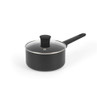 Grey saucepan with lid and long handle, shown on white background