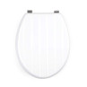 White toilet seat with chrome hinges, lid partly open, close-up view