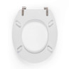 White toilet seat, top view, with chrome hinges