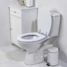 White ceramic toilet with lid open, shown in bathroom setting.