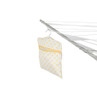 White and yellow patterned peg bag with zip, hanging on outdoor washing line