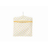 White fabric peg bag with yellow trim and repeated yellow bee pattern, hanging on a hook