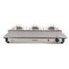 Progress buffet server with three stainless steel warming trays and clear lids, shown front view.