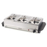 Stainless steel buffet server with three warming trays and clear lids, shown at angle.