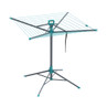 Blue rotary clothes airer with folding tripod base, shown fully opened