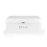 White metal bread bin with lift-up lid, front view, embossed 'BREAD' text.