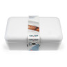 White metal bread bin with Salter branding, ice white shimmer finish, shown in packaging.