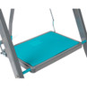 Close-up of a grey step stool with a textured blue anti-slip platform