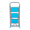 Three step stool with blue anti-slip treads, grey metal frame, shown upright