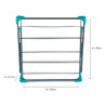 Folded metal clothes airer with teal corners, showing dimensions: 83cm wide, 78cm tall, 8.7cm deep.