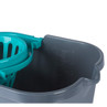 Grey plastic mop bucket showing teal wringer and litre measurement markings inside