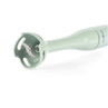 Green handheld stick blender, close-up of blade and guard