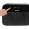 Dual basket black air fryer with touch control, hand pressing power button