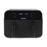 Black digital dual air fryer with touch controls and twin baskets, front view