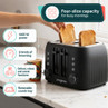 Black four-slice toaster with browning, defrost, reheat and removable crumb tray