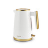 White and gold electric kettle, Salter brand, shown from side angle