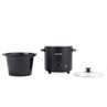 Black Salter slow cooker with glass lid, front controls and side handles on white background