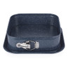 Square navy speckled springform cake tin with latch, shown empty on white background