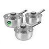 Set of three silver saucepans with glass lids, PFAS free label visible.