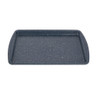 Large blue non-stick baking tray with white speckles, shown from above.