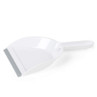 White plastic dustpan with grey rubber lip, shown from side angle.