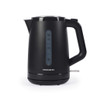 Black electric kettle with water level indicator, shown upright on a white background.