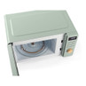 Sage green microwave with open door, showing glass turntable and control panel