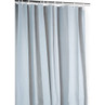Grey shower curtain hanging on rail, full length view, no pattern