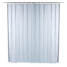 Light grey shower curtain hanging on rail, full length, plain design