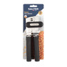 Salter expert can opener in black and silver, shown in retail packaging.