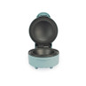 Open blue electric pie maker, empty, showing non-stick circular plates